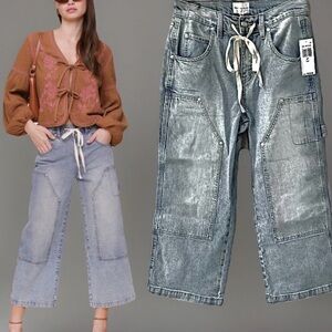 Avec Les Filles NWT Drawstring Cropped Wide Leg Badlands Wash Cargo Jeans, 27